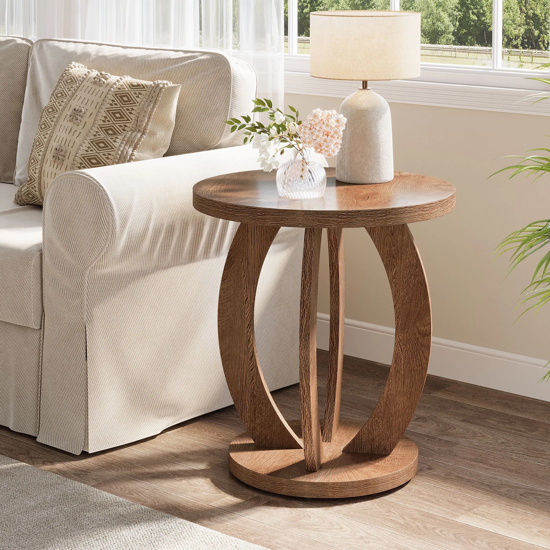 Table basse ronde en bois 2 niveaux avec rangement 60 cm