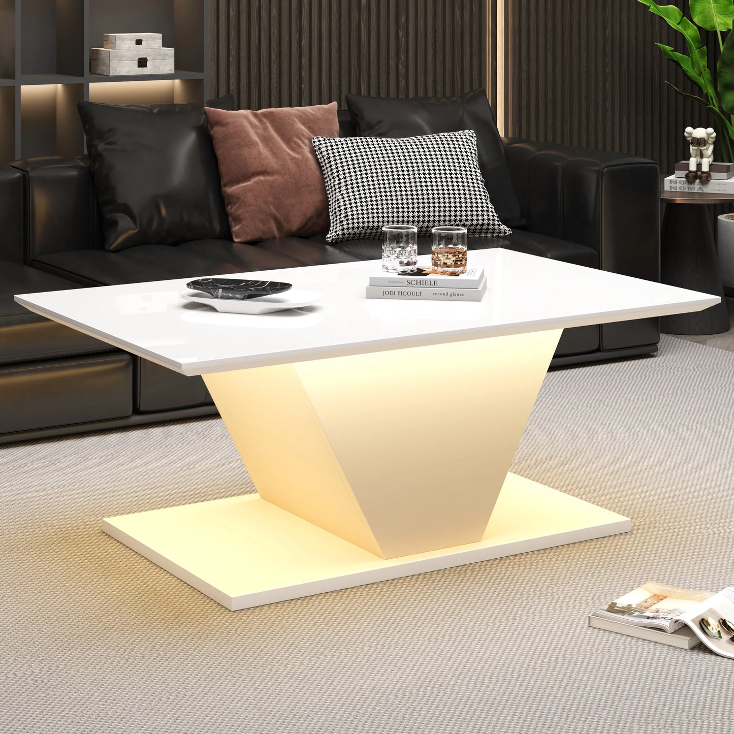 Table basse blanche et en bois MDF haute brillance forme V avec LED RGB