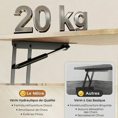 Table basse bois clair avec plateau relevable et rangement caché 70x70x29 cm