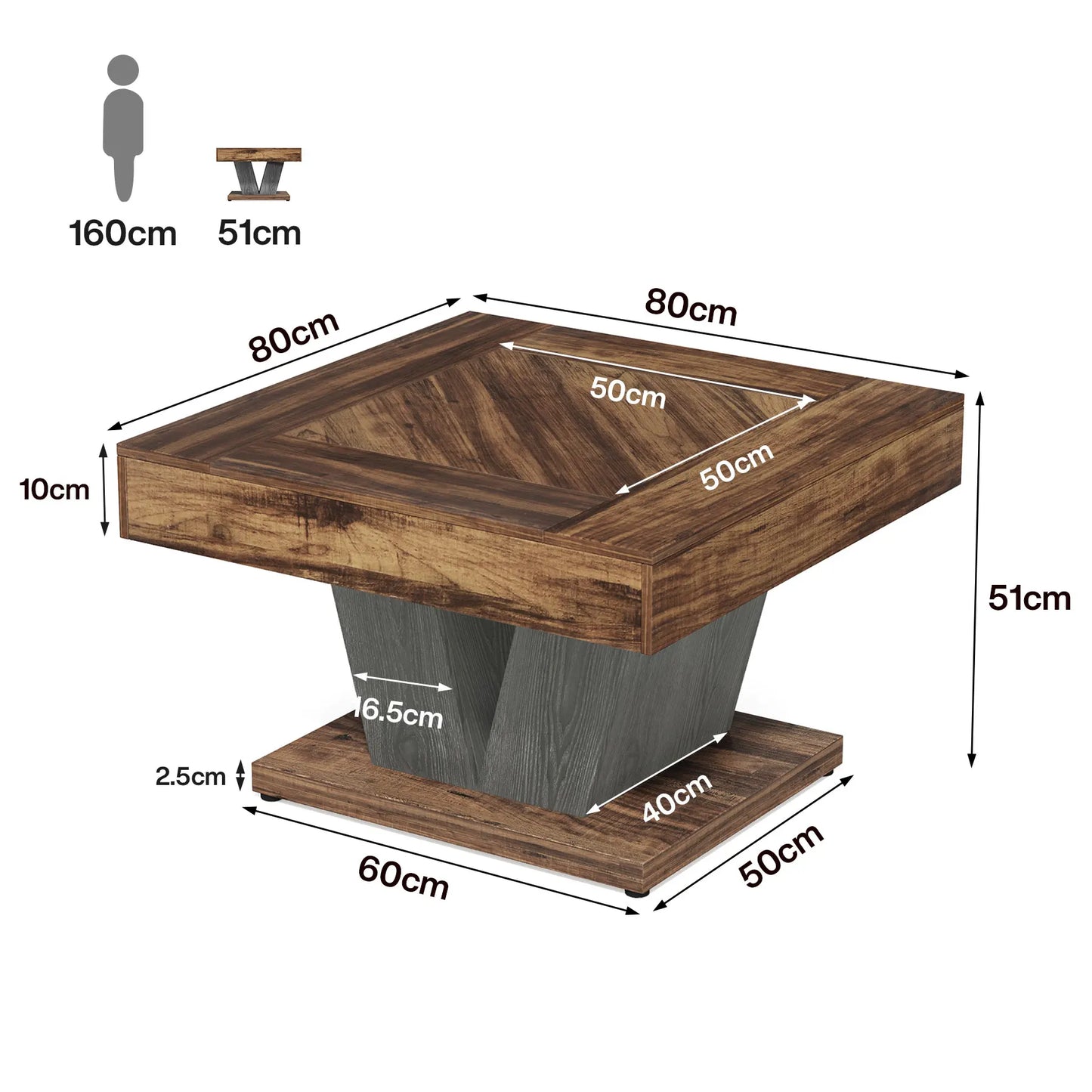 Table basse en bois massif 80 x 80 x 51 cm marron foncé et noire