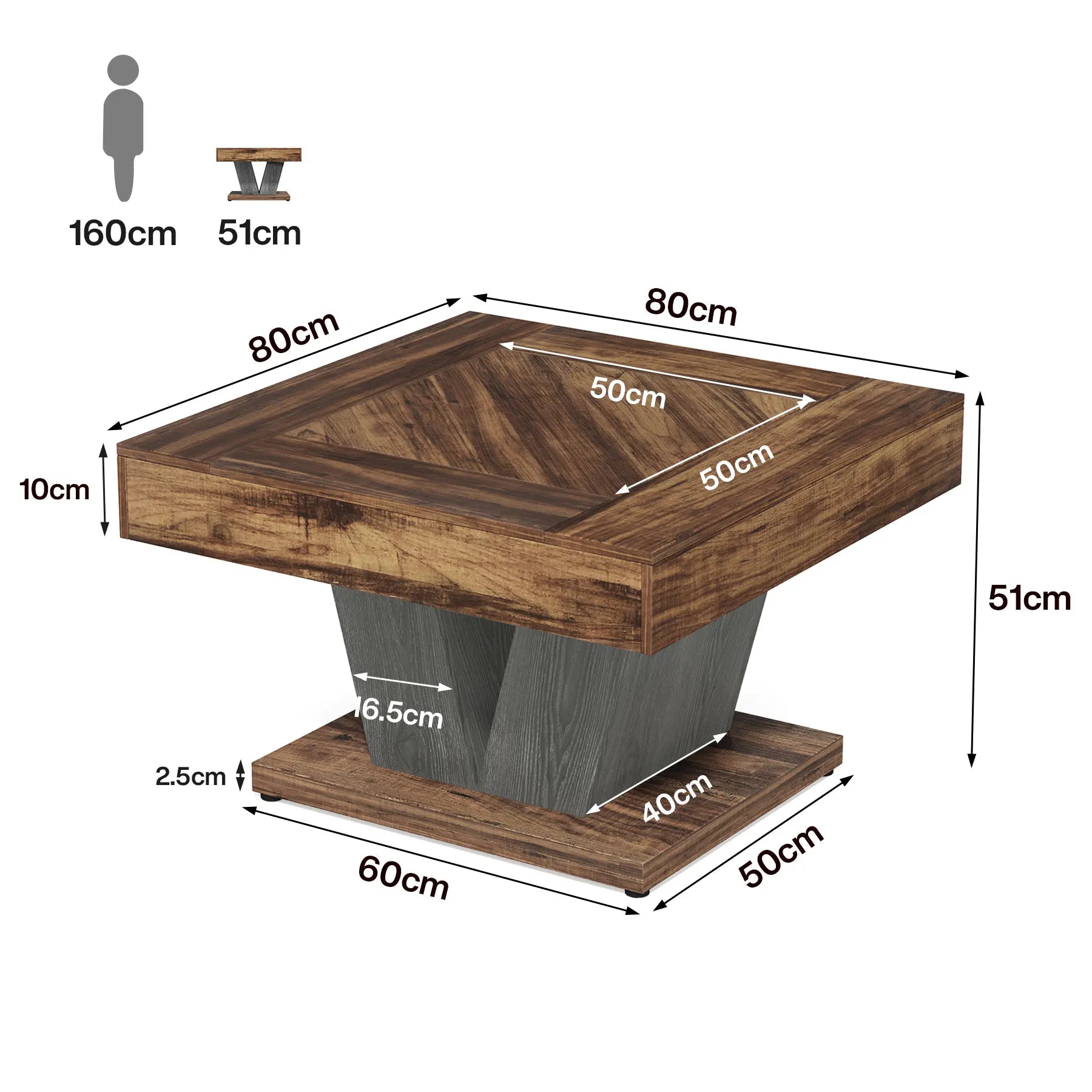 Table basse en bois massif 80 x 80 x 51 cm marron foncé et noire