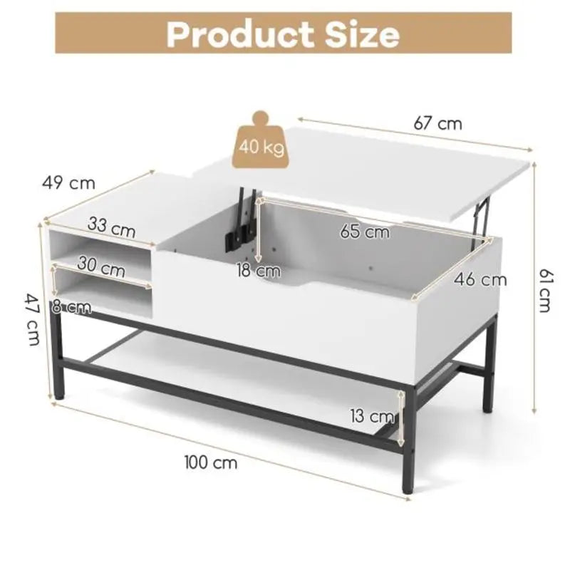 Table basse blanche et en bois avec plateau relevable et rangement caché