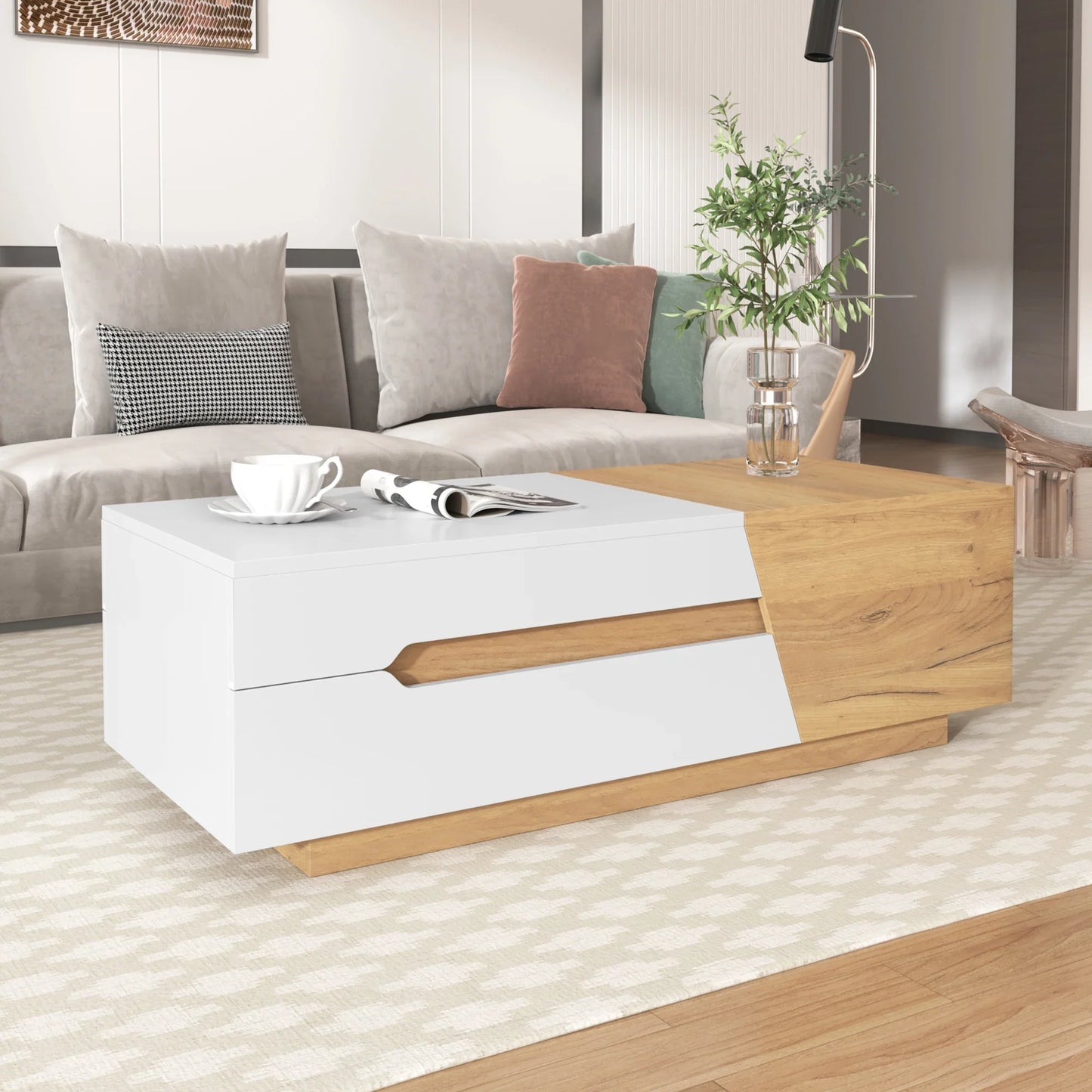 Table basse blanche et en bois panneau de particules extensible 120x50x37,5 cm