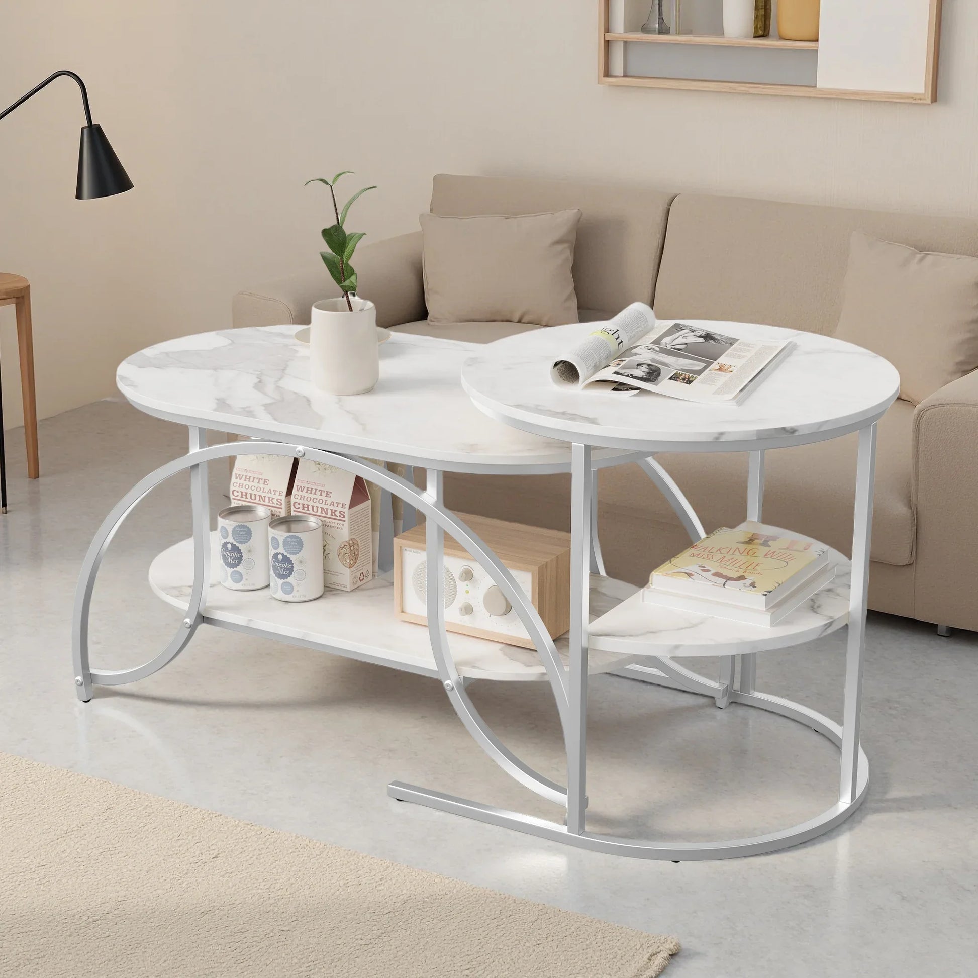 Table basse blanche et en bois 2 pièces gigognes 80x46x45 + 52x52x51 cm