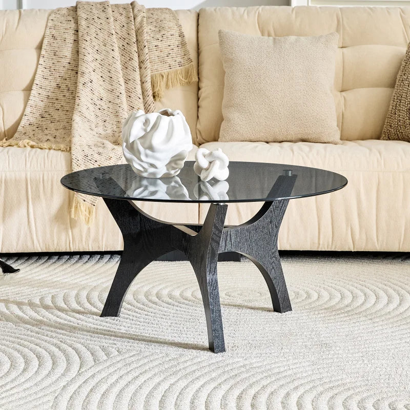Table basse ronde en bois avec plateau en verre trempé 80 cm