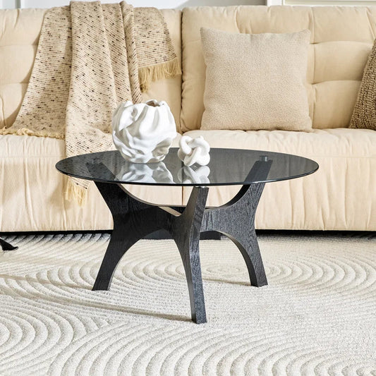 Table basse ronde en bois avec plateau en verre trempé 80 cm