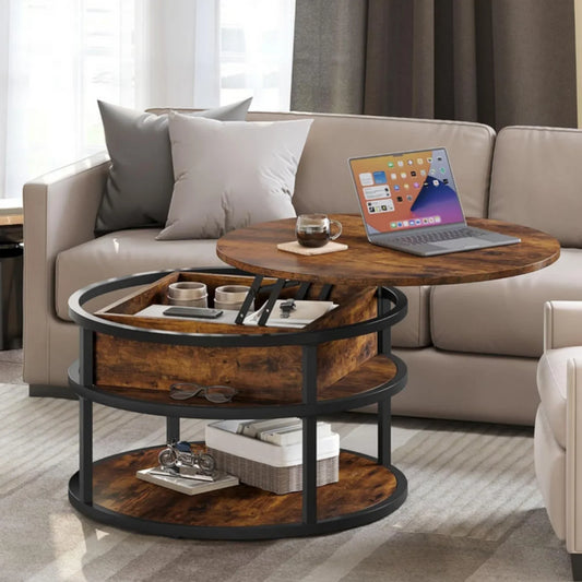Table basse ronde en bois avec plateau relevable et rangement 80x80x47 cm
