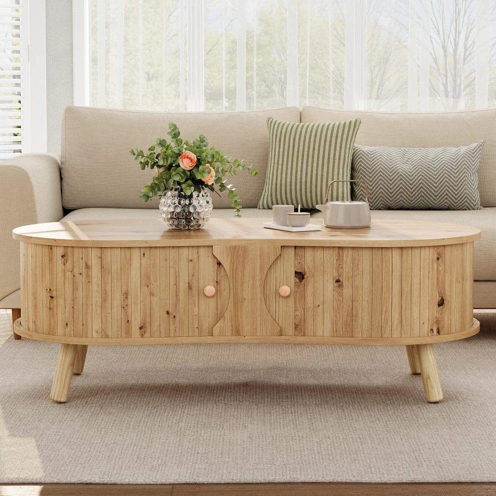 Table basse en bois massif forme de pois avec portes coulissantes 108 x 50 x 37 cm nature