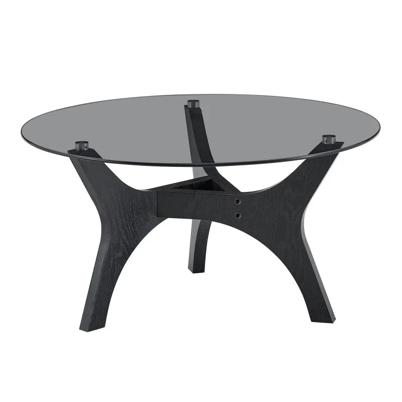 Table basse ronde en bois avec plateau en verre trempé 80 cm