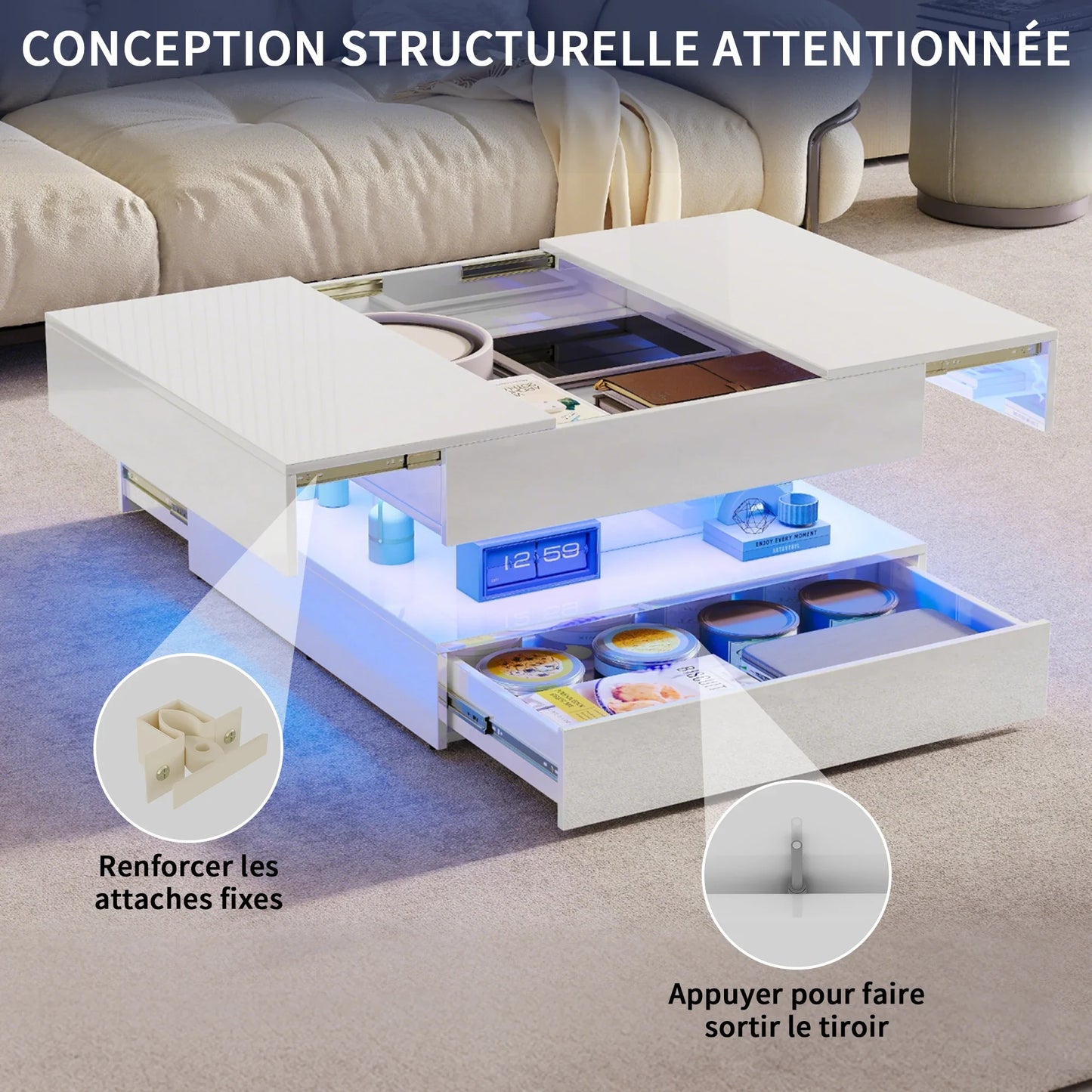 Table basse blanche et en bois multifonctionnelle avec LED RGB et tiroirs à ouverture tactile
