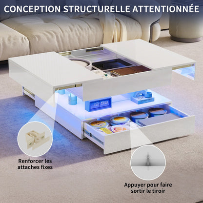 Table basse blanche et en bois multifonctionnelle avec LED RGB et tiroirs à ouverture tactile