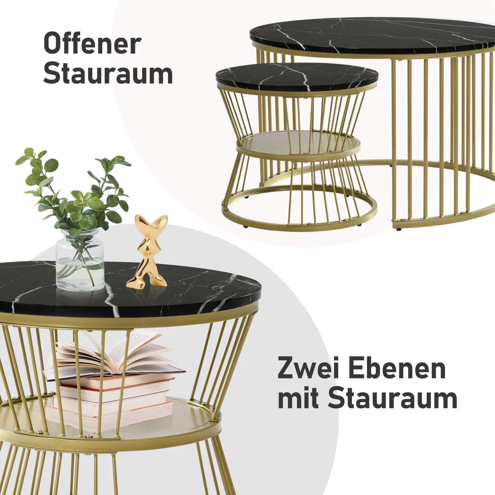 Table basse en bois et noir ronde avec plateau marbré effet brillant 70 x 70 x 45 cm