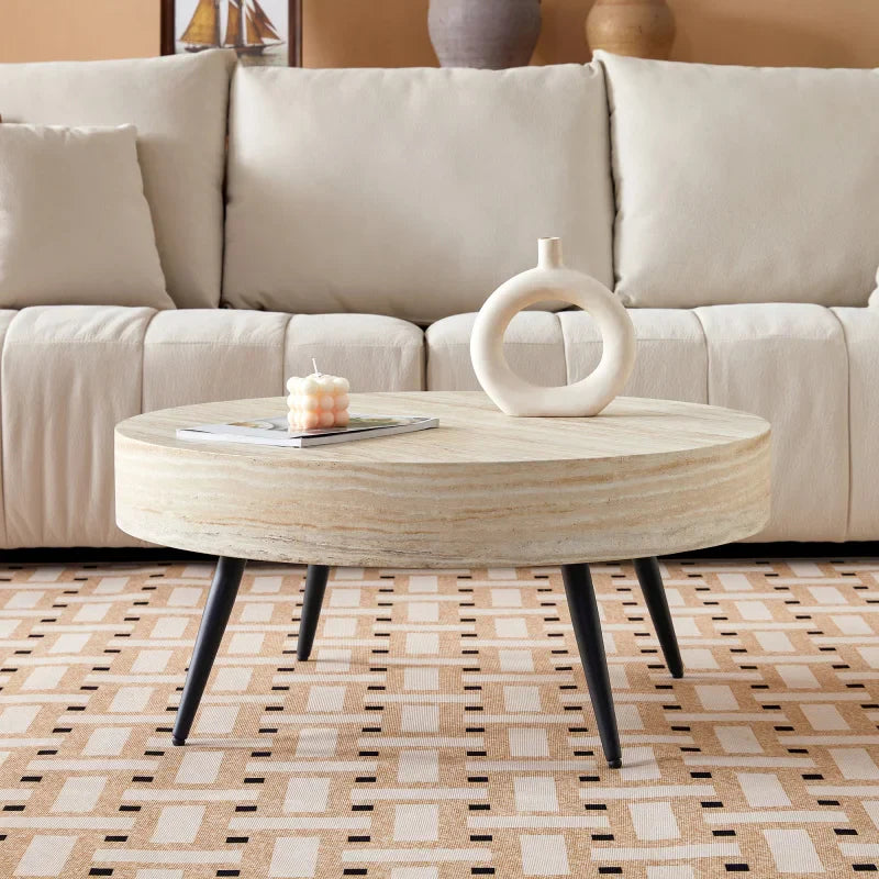 Table basse ronde en bois MDF effet travertin clair avec piètement métal noir 70 cm