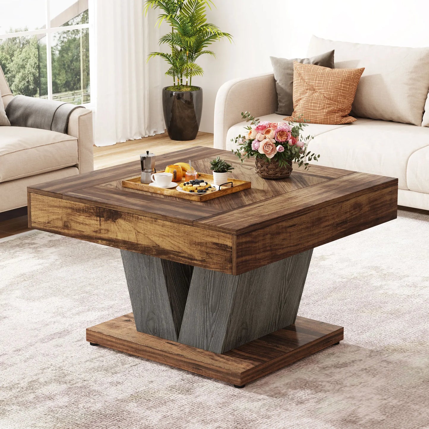 Table basse en bois massif 80 x 80 x 51 cm marron foncé et noire