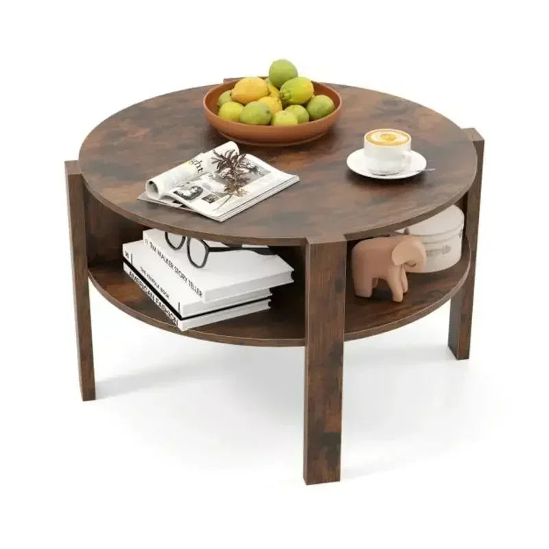 Table basse ronde en bois 2 niveaux avec 4 étagères marron rustique