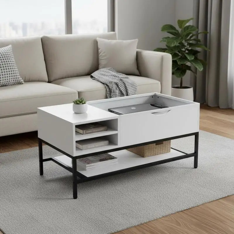 Table basse blanche et en bois avec plateau relevable et rangement caché