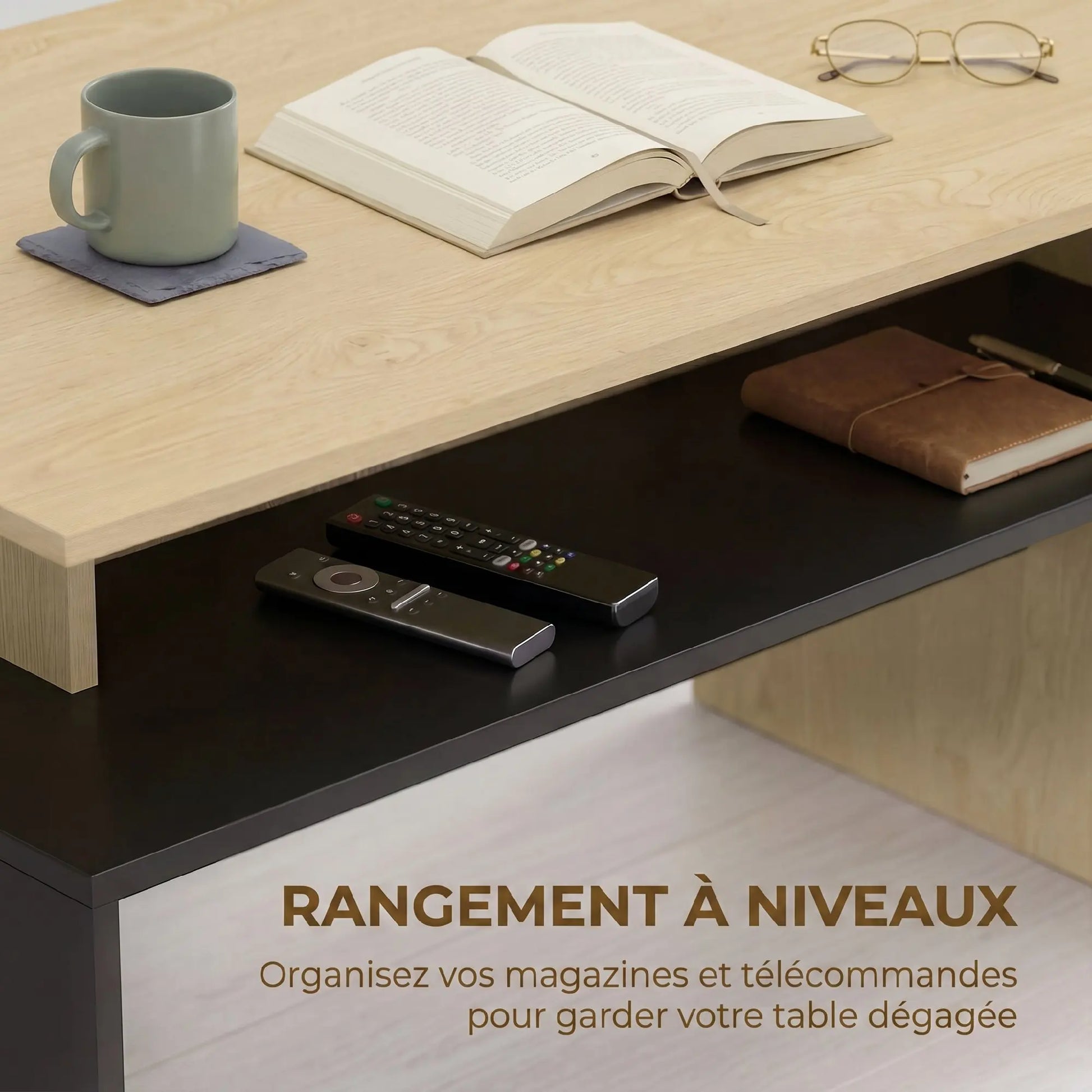 Table basse en bois et noir à niveaux décalés avec étagère de rangement 95x55x50 cm MDF