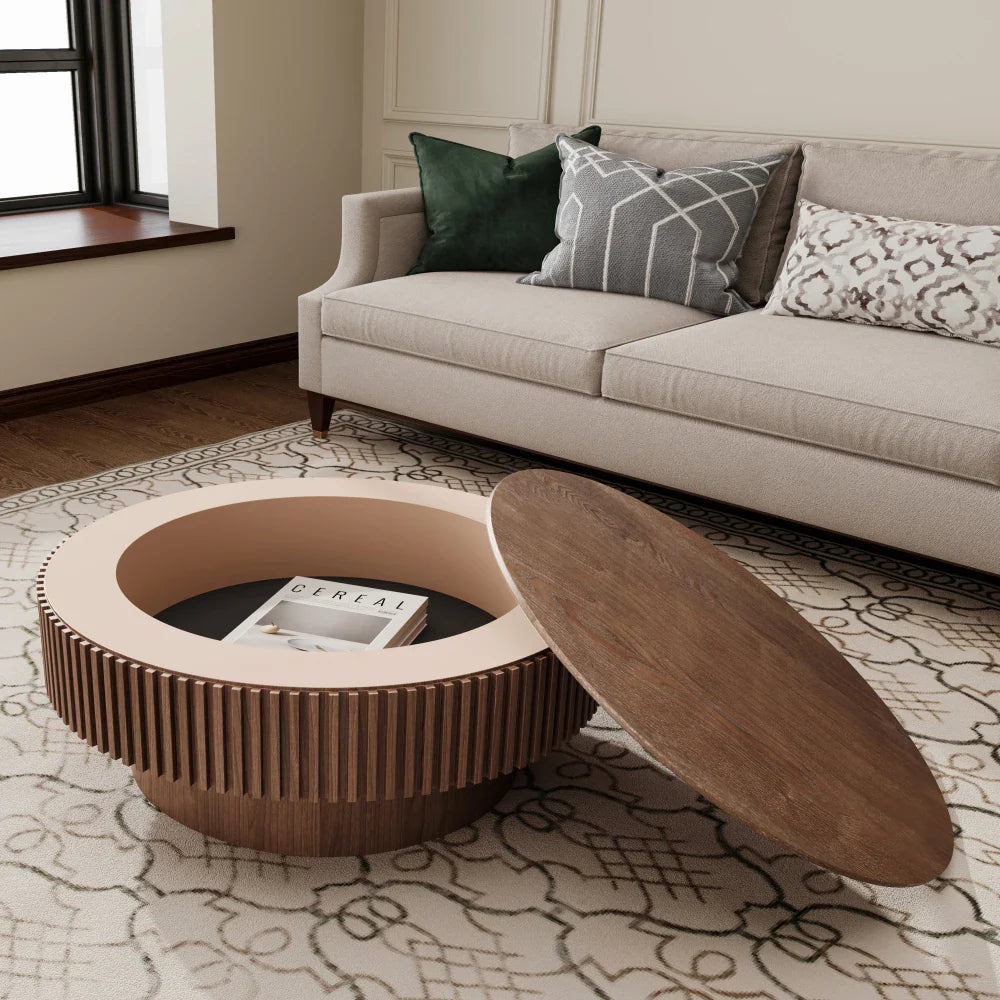 Table basse en bois massif ronde 75 cm avec rangement