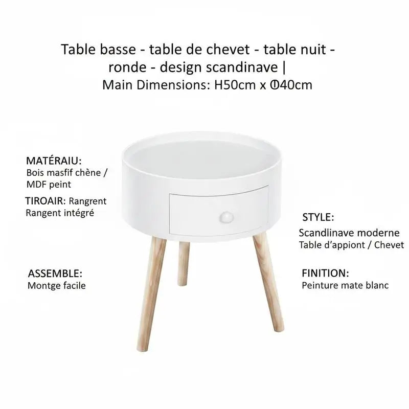 Table basse ronde en bois chêne clair et blanc avec tiroir