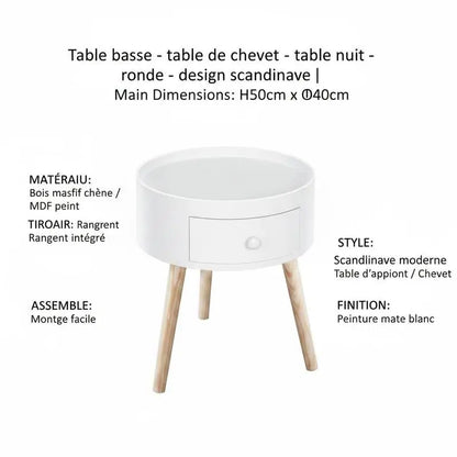 Table basse blanche et en bois ronde avec tiroir 85 x 50 x 45 cm pin massif