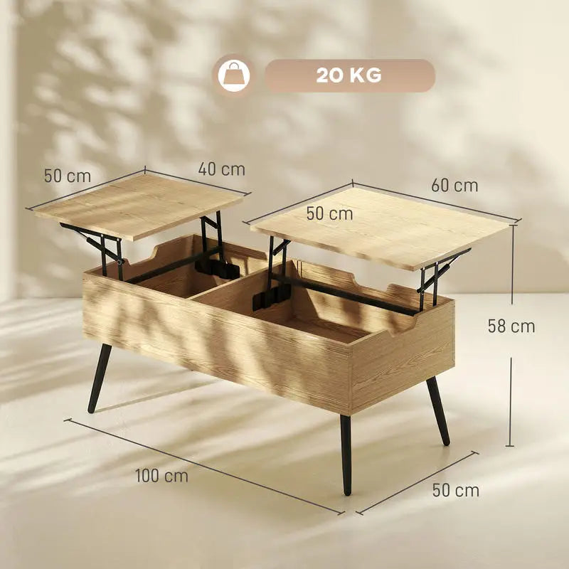 Table basse bois clair avec plateau relevable et rangement caché 70x70x29 cm