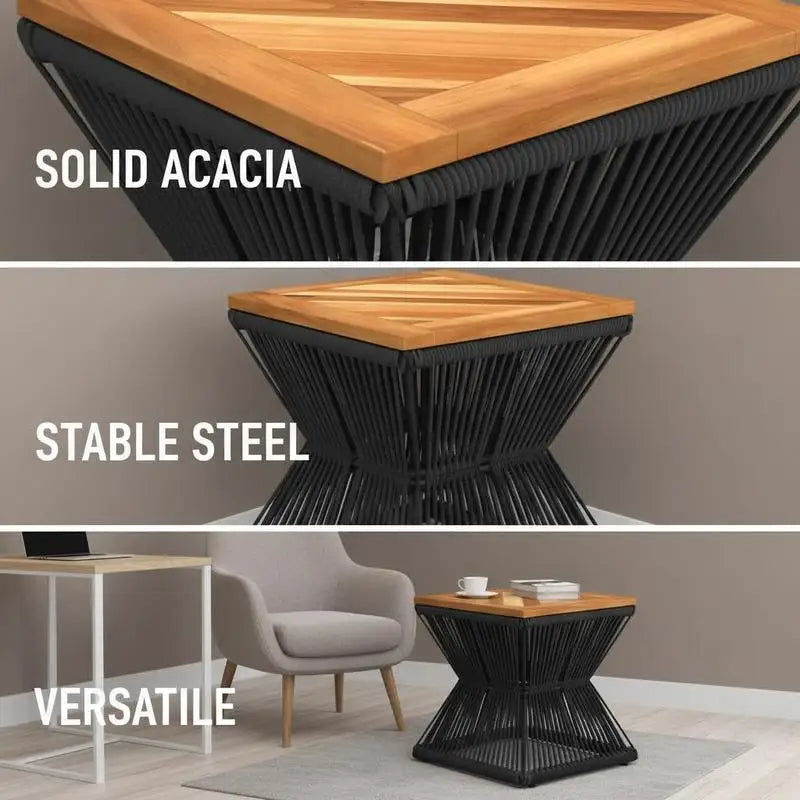 Table basse en bois et noir acacia avec cadre métallique 38x38x38 cm