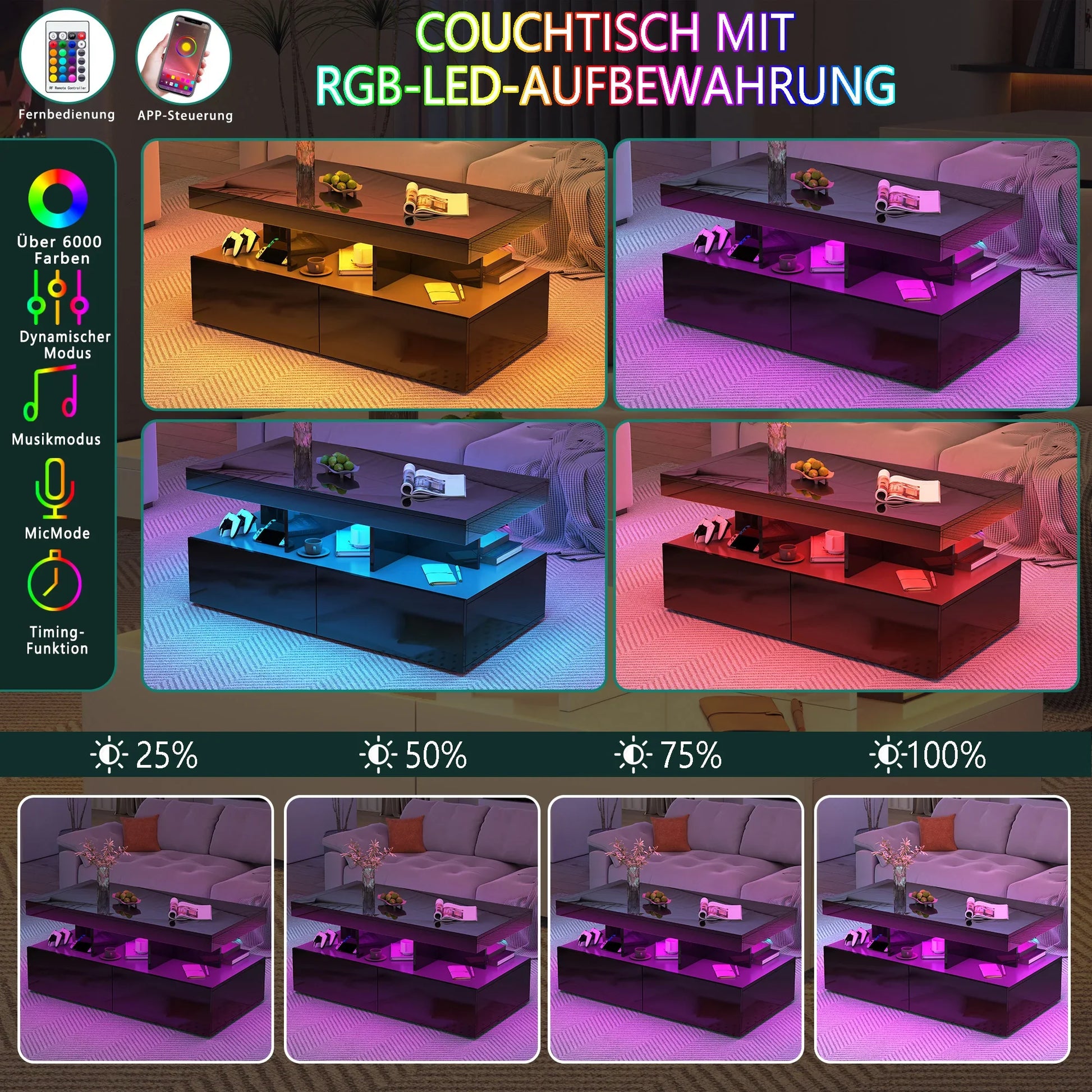 Table basse en bois et noir avec tiroirs et LED 104x53x46 cm