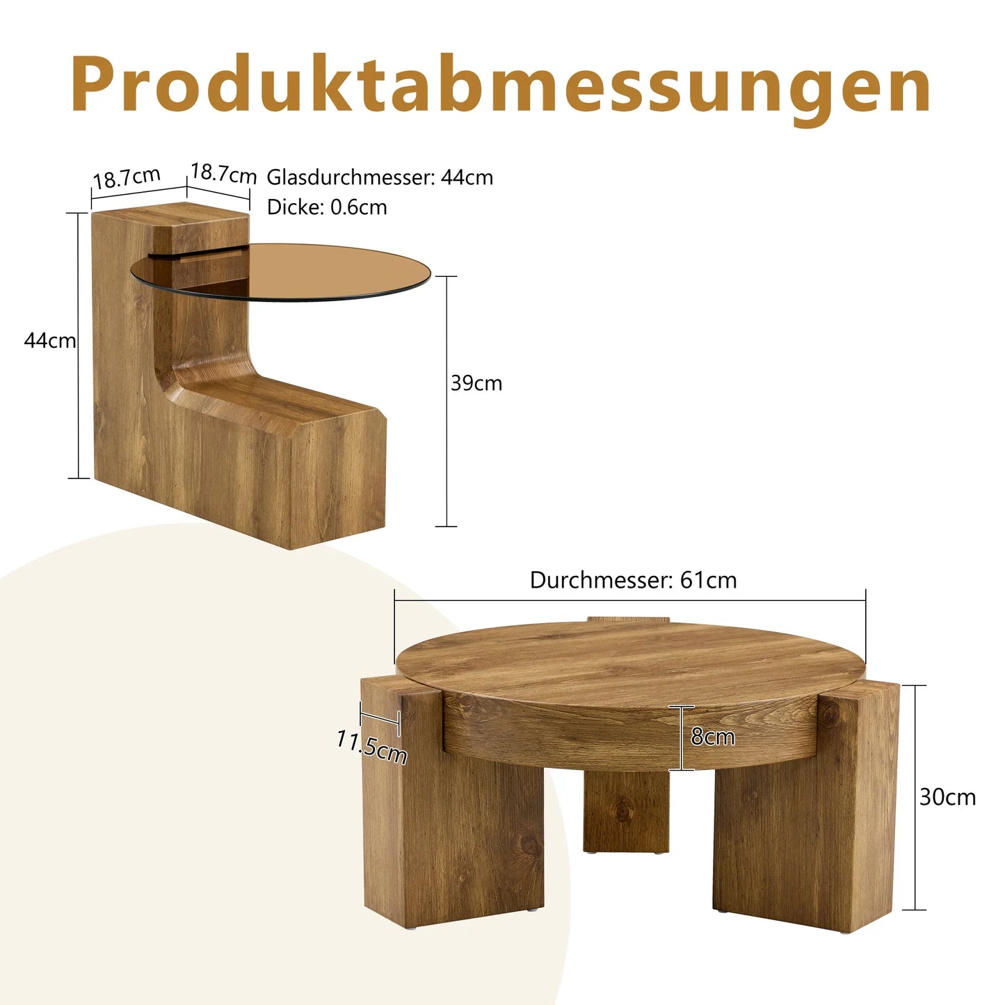 Table basse ronde en bois MDF et verre trempé teinté brun gigogne 2 pièces