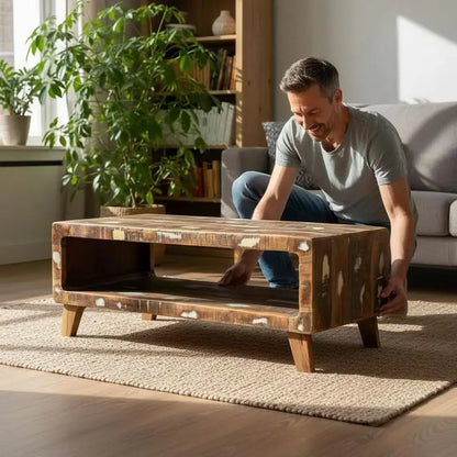 Table basse en bois massif recyclé rustique avec rangement