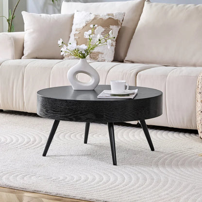 Table basse en bois et noir ronde 70 cm MDF pieds métal noir