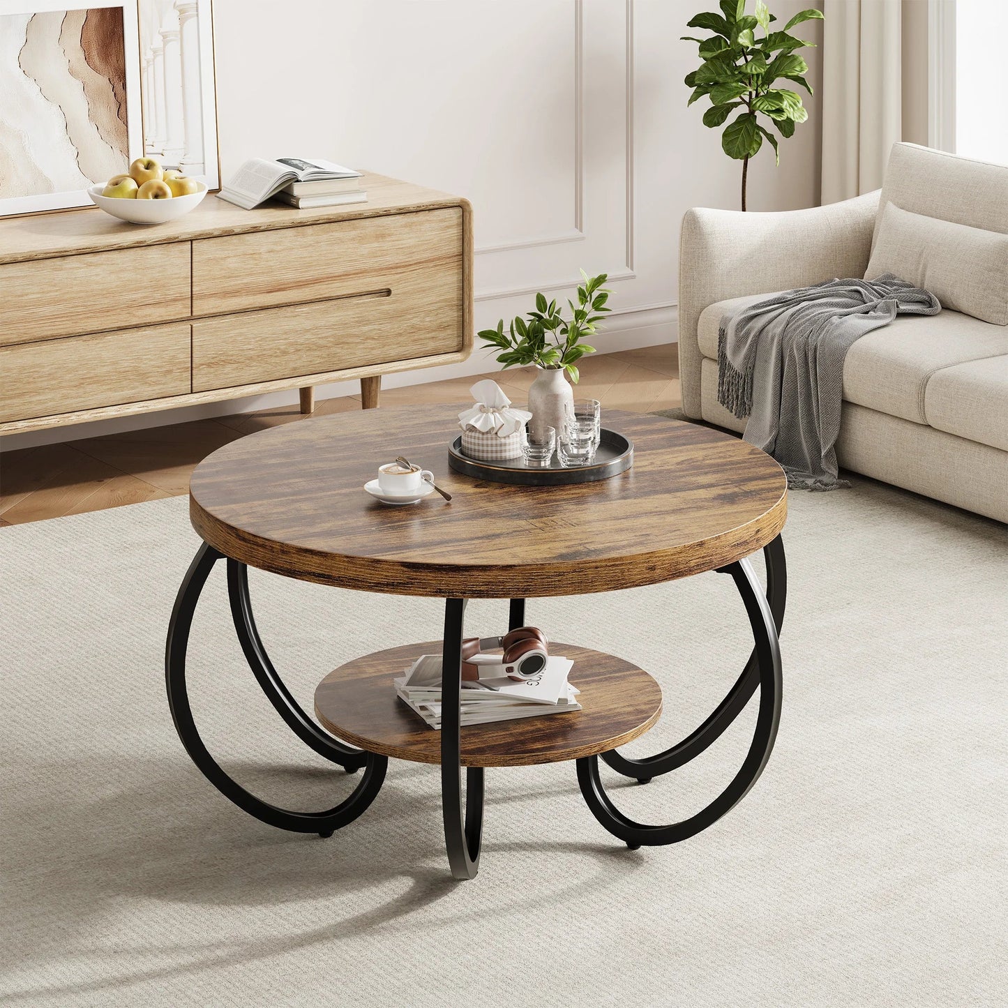 Table basse ronde en bois 2 niveaux avec rangement 80 cm