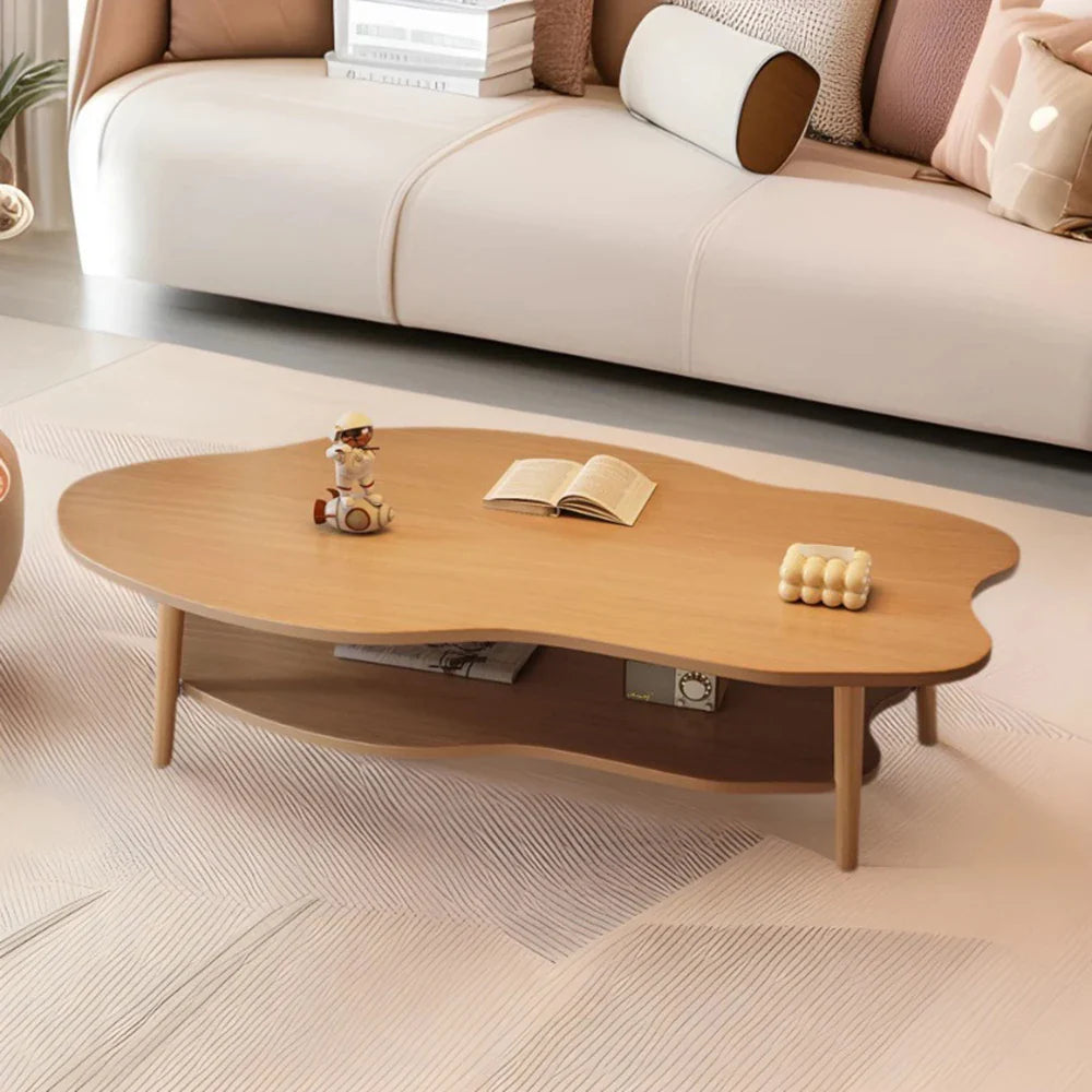 Table basse bois clair 100x50x40 cm avec rangement double niveau