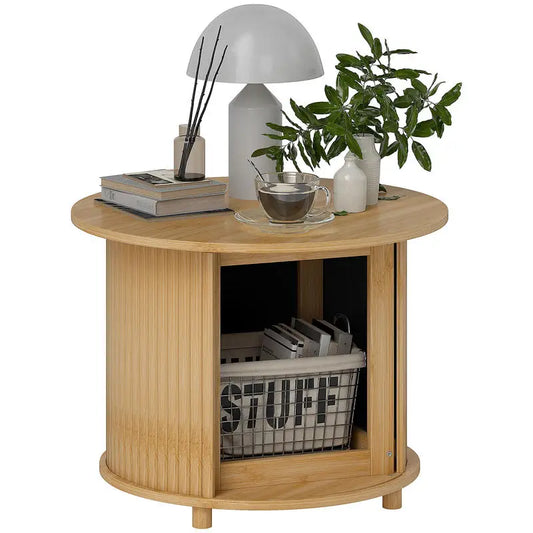 Table basse ronde en bambou avec rangement coulissant 60x45H cm
