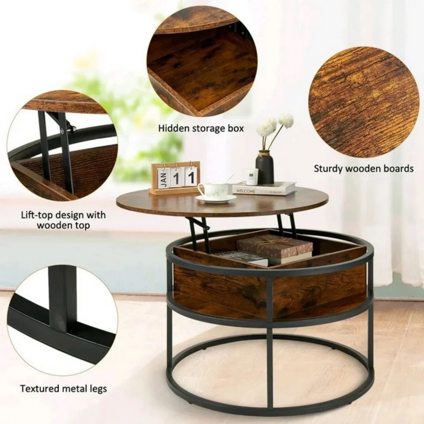Table basse ronde en bois avec plateau relevable et rangement 80x80x47 cm