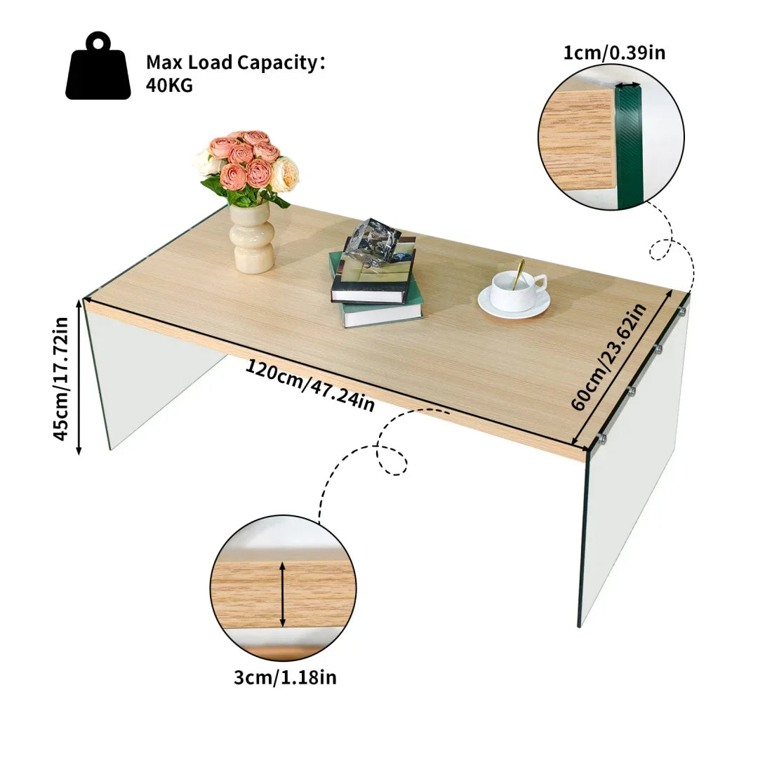 Table basse bois clair 120x60x45 cm avec plateau en verre trempé