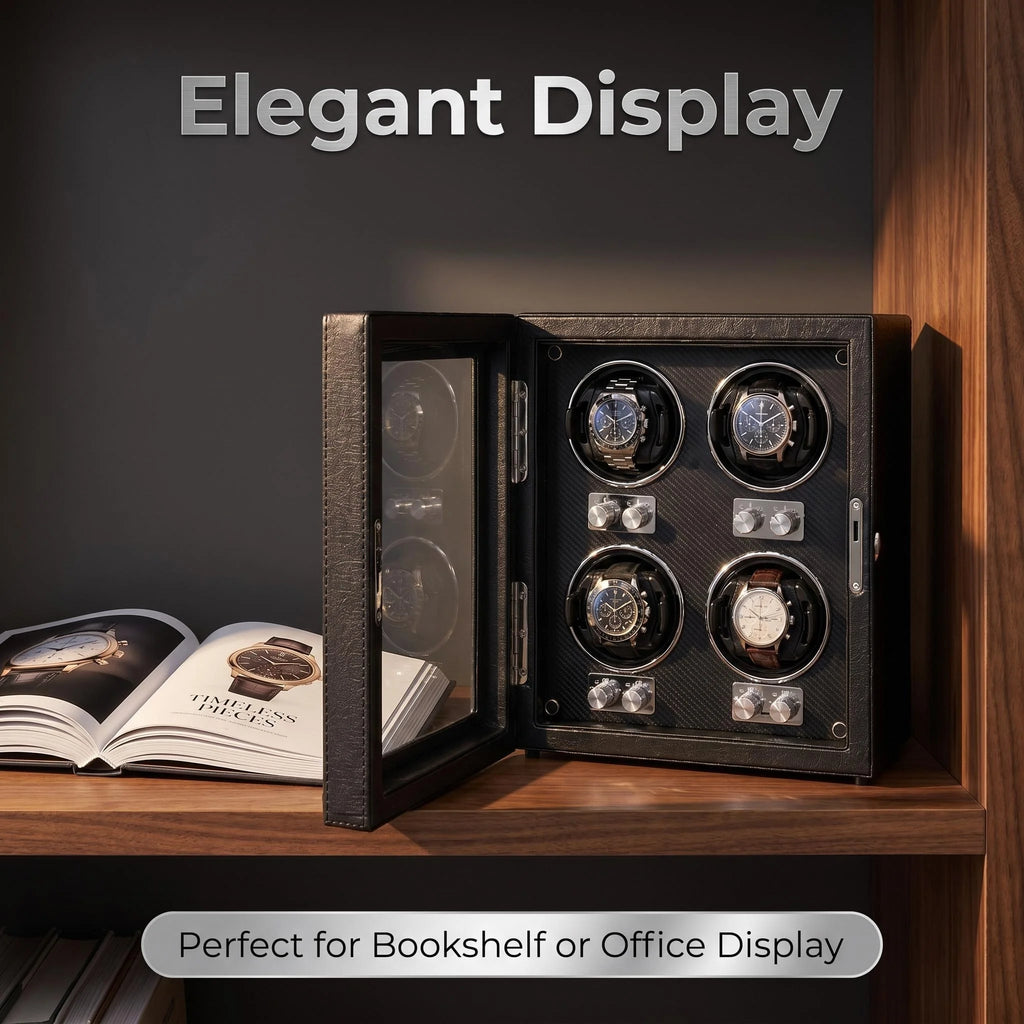 Premium PU Leather Watch Winder with Key Lock & Transparent Glass Door, Automatic Watch Storage Box for Mechanical Watches