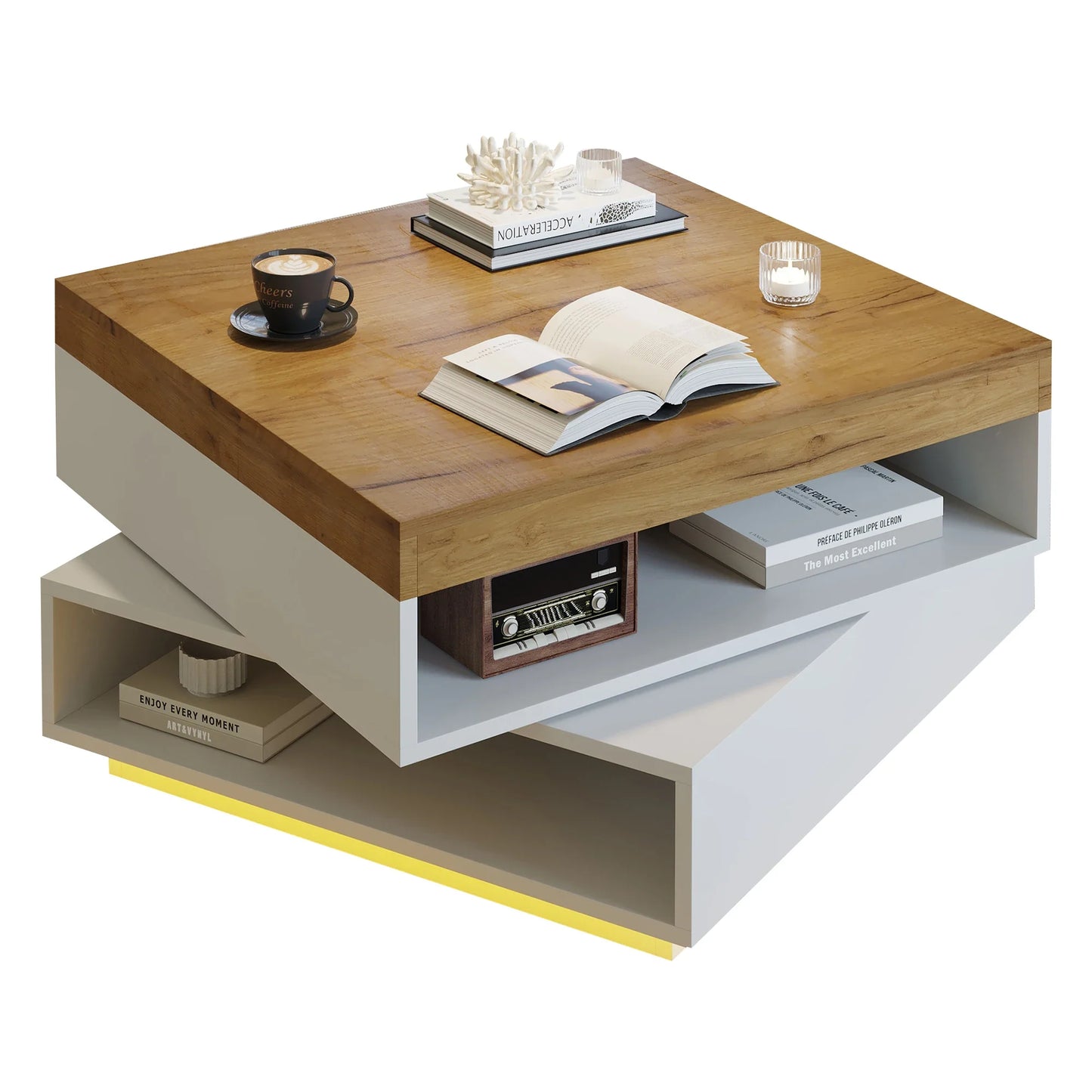Table basse blanche et en bois carrée 65x65x40 cm avec plateau pivotant 360° et lumières LED
