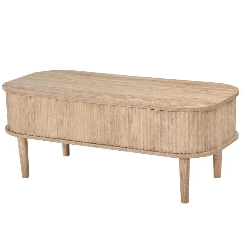 Table basse bois clair ovale avec plateau relevable et rangement caché 100 cm