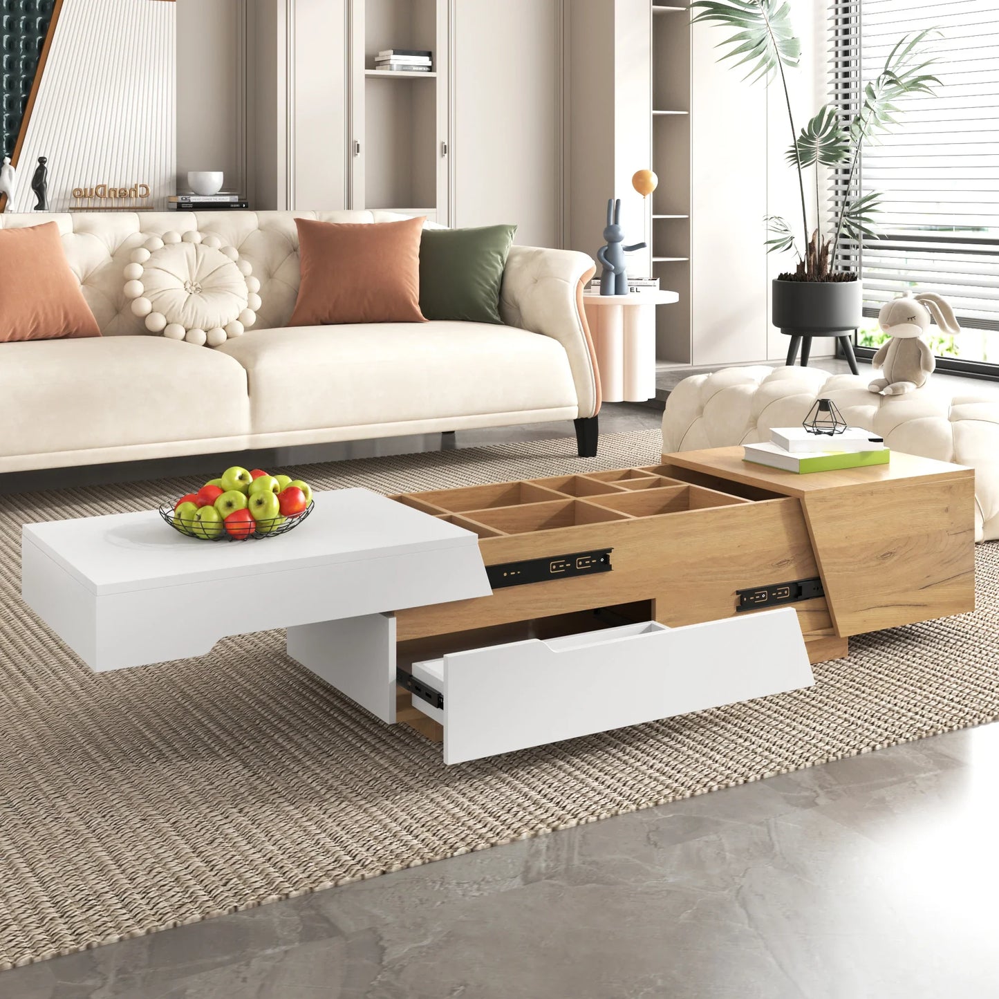 Table basse blanche et en bois panneau de particules extensible 120x50x37,5 cm