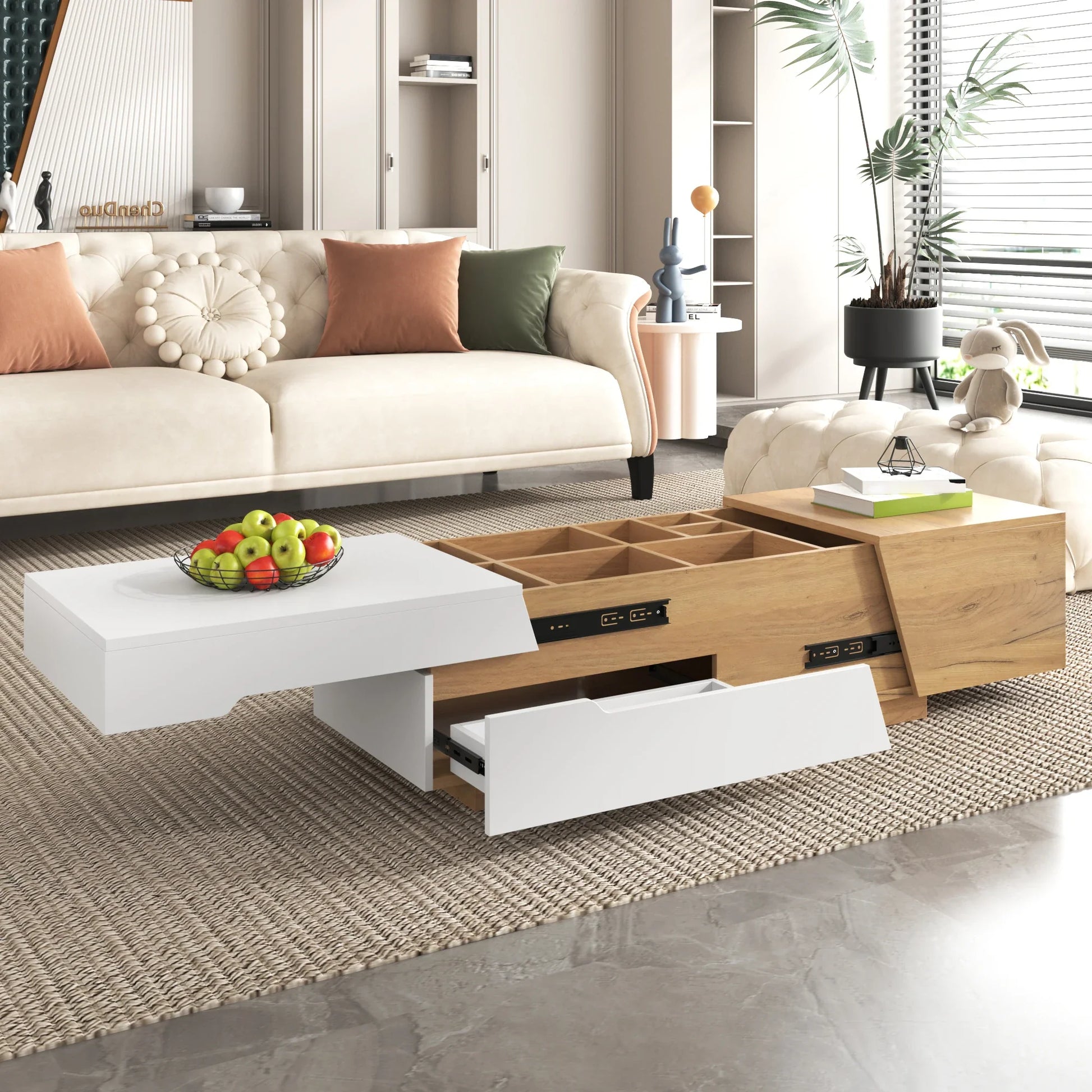 Table basse blanche et en bois panneau de particules extensible 120x50x37,5 cm