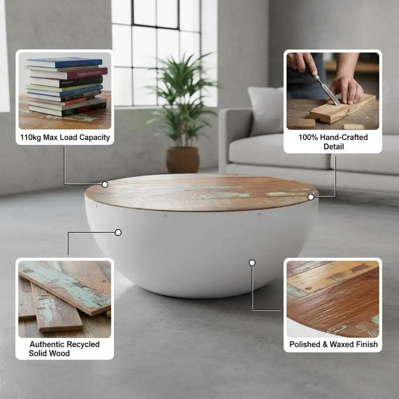 Table basse en bois massif forme bol piètement acier