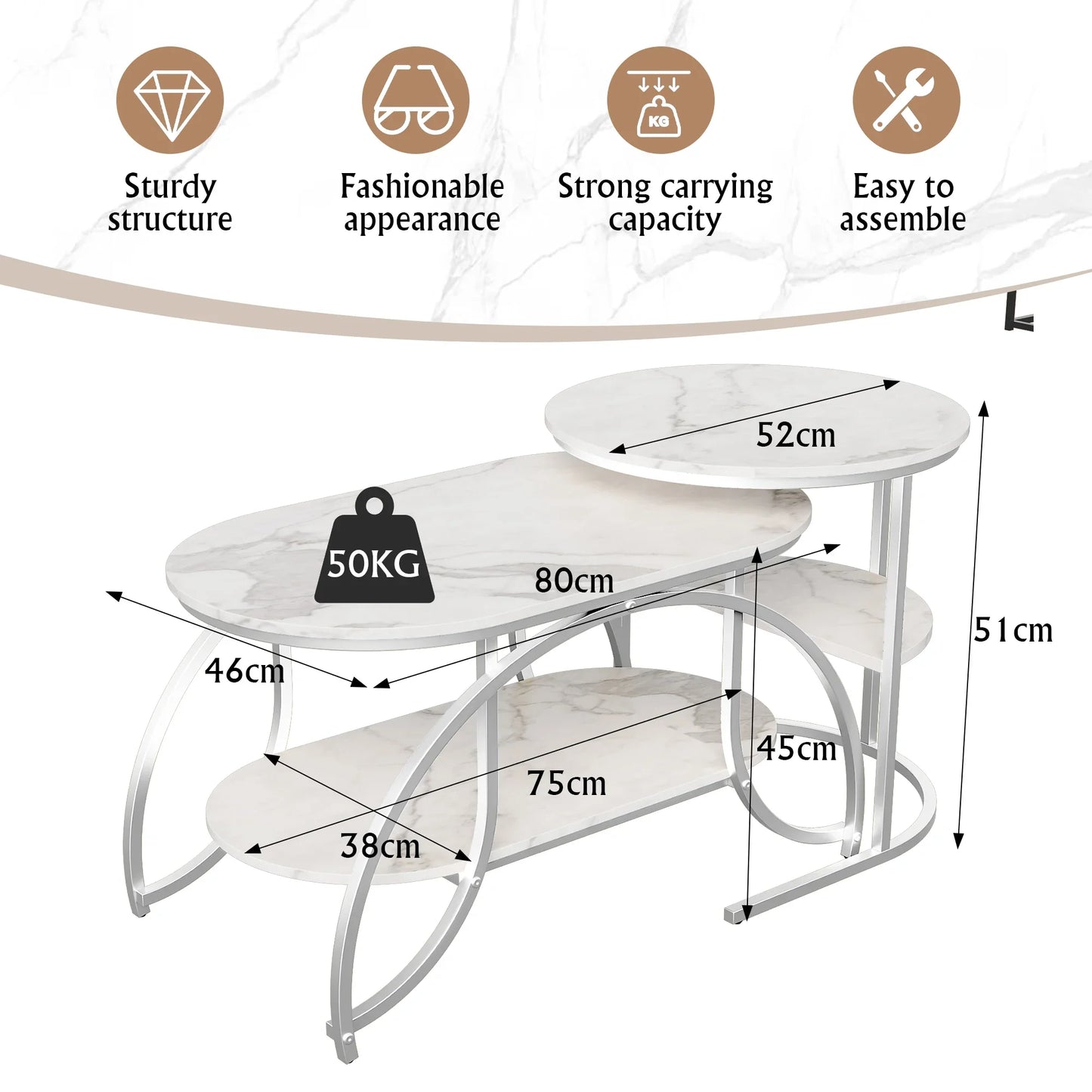 Table basse blanche et en bois 2 pièces gigognes 80x46x45 + 52x52x51 cm