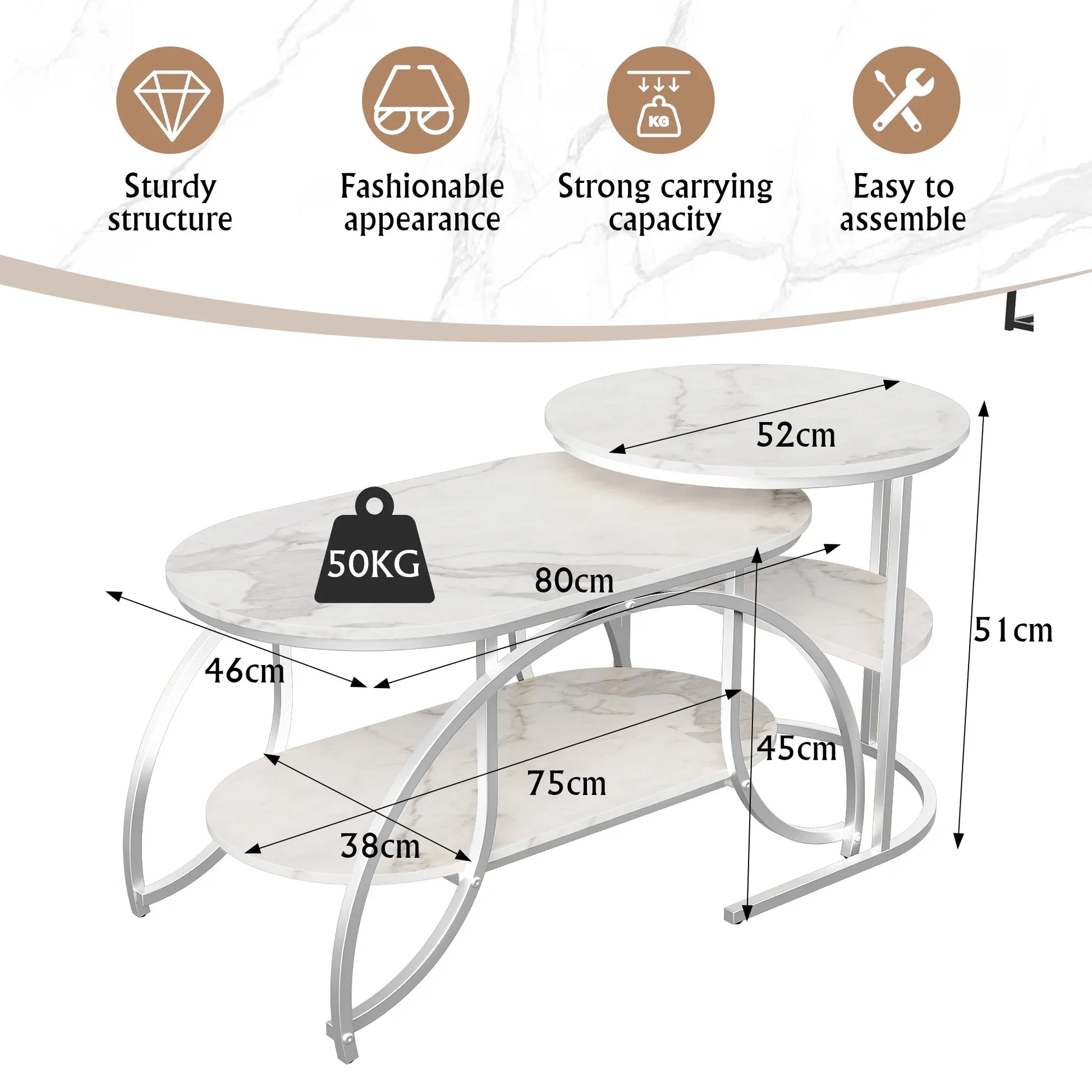Table basse blanche et en bois 2 pièces gigognes 80x46x45 + 52x52x51 cm
