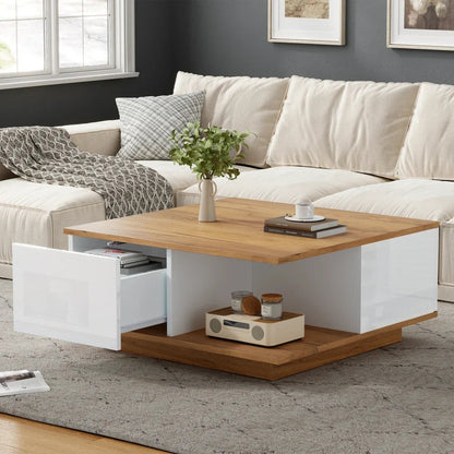 Table basse bois clair 70x70x31.5 cm avec 3 tiroirs et rangement semi-ouvert