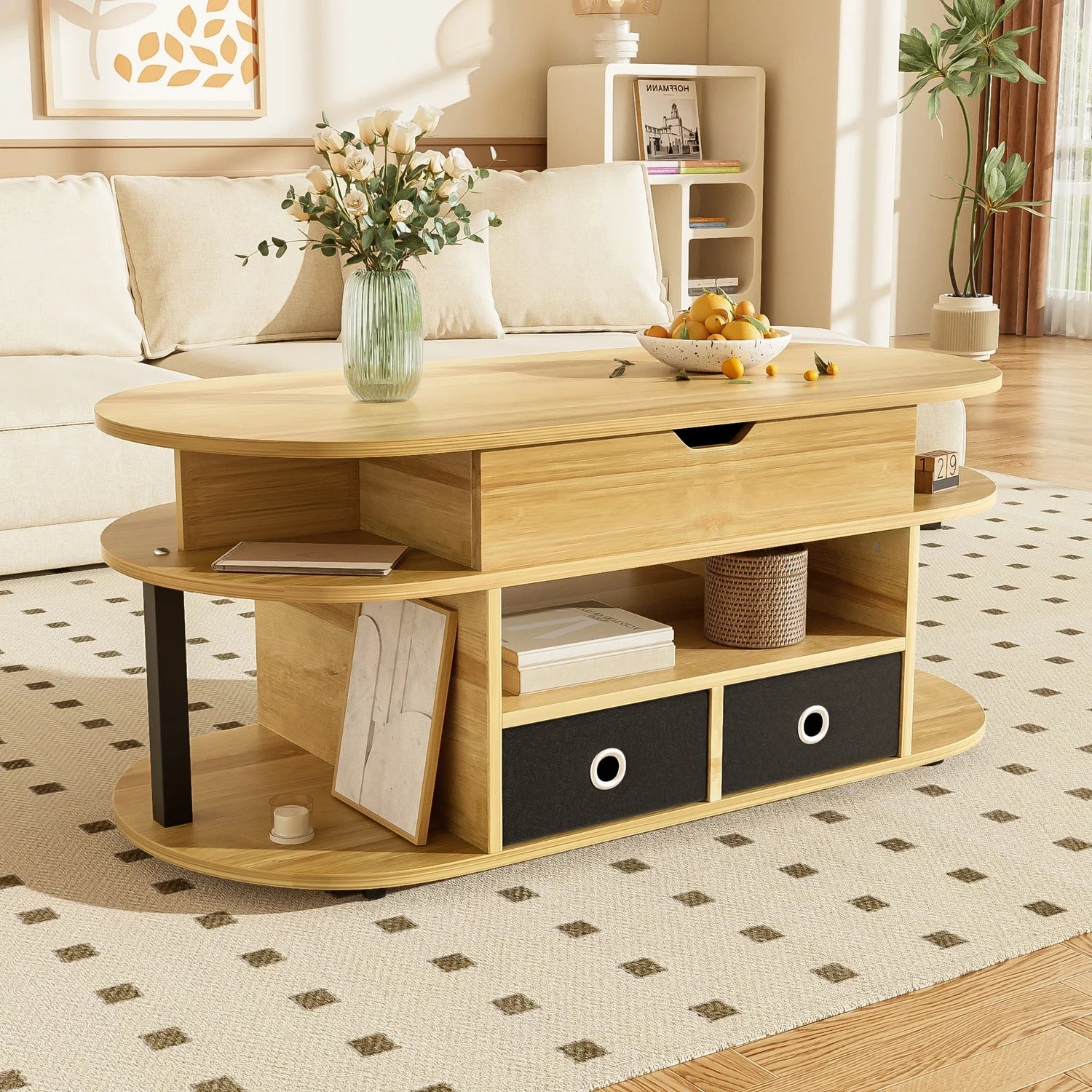 Table basse en bois et noir 105x50x45-60 cm avec fonction relevable et tiroirs