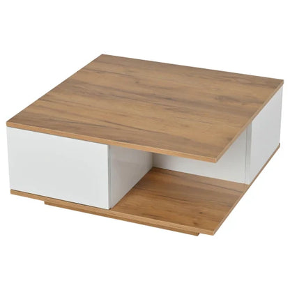 Table basse blanche et en bois avec tiroirs géométrique haut brillant