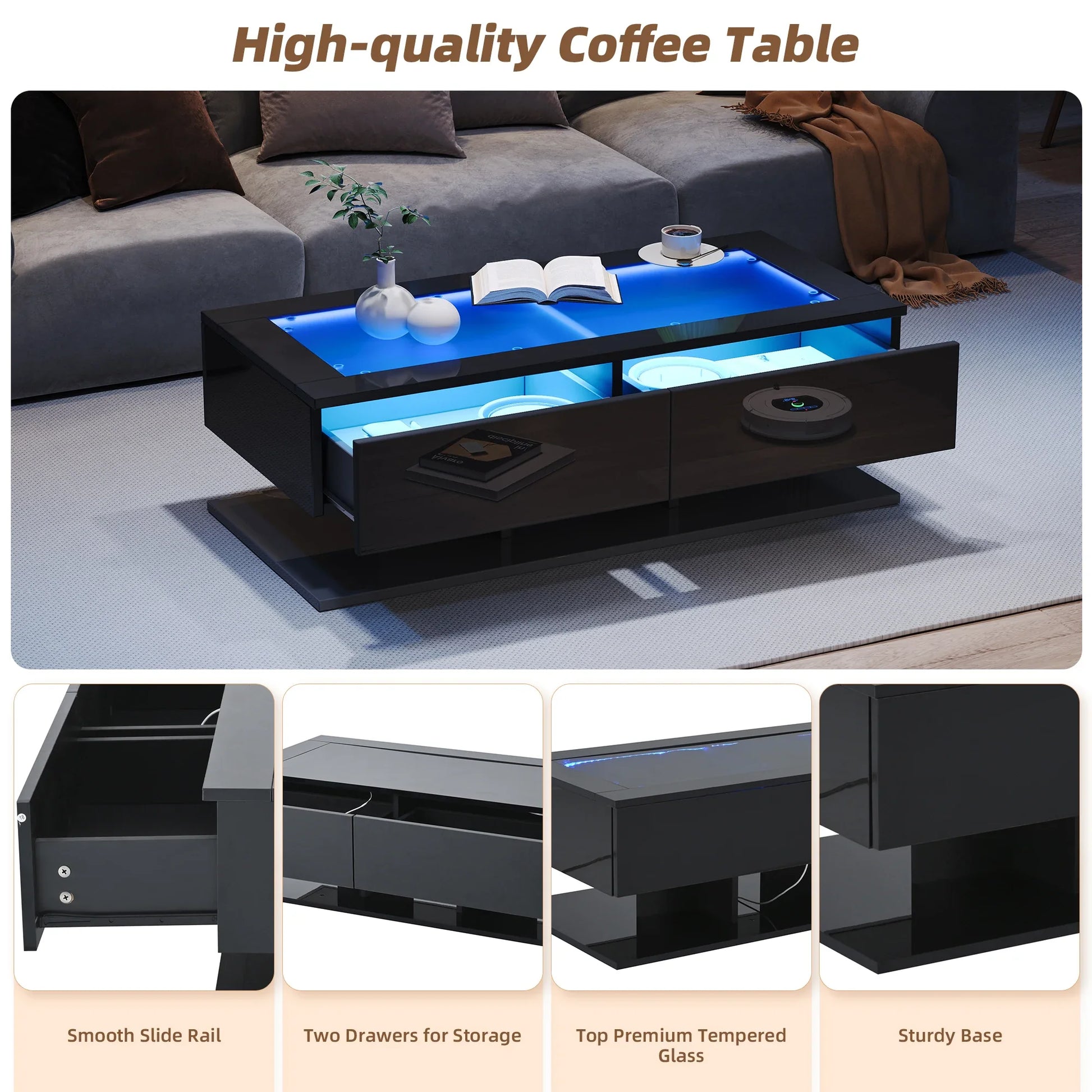 Table basse en bois et noir rectangulaire avec LED et rangement, plateau en verre trempé