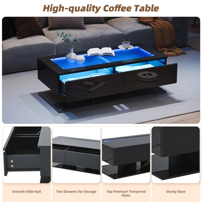 Table basse en bois et noir rectangulaire avec LED et rangement, plateau en verre trempé