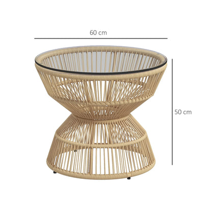 Table basse ronde en bois rotin PE avec plateau en verre trempé 60 cm