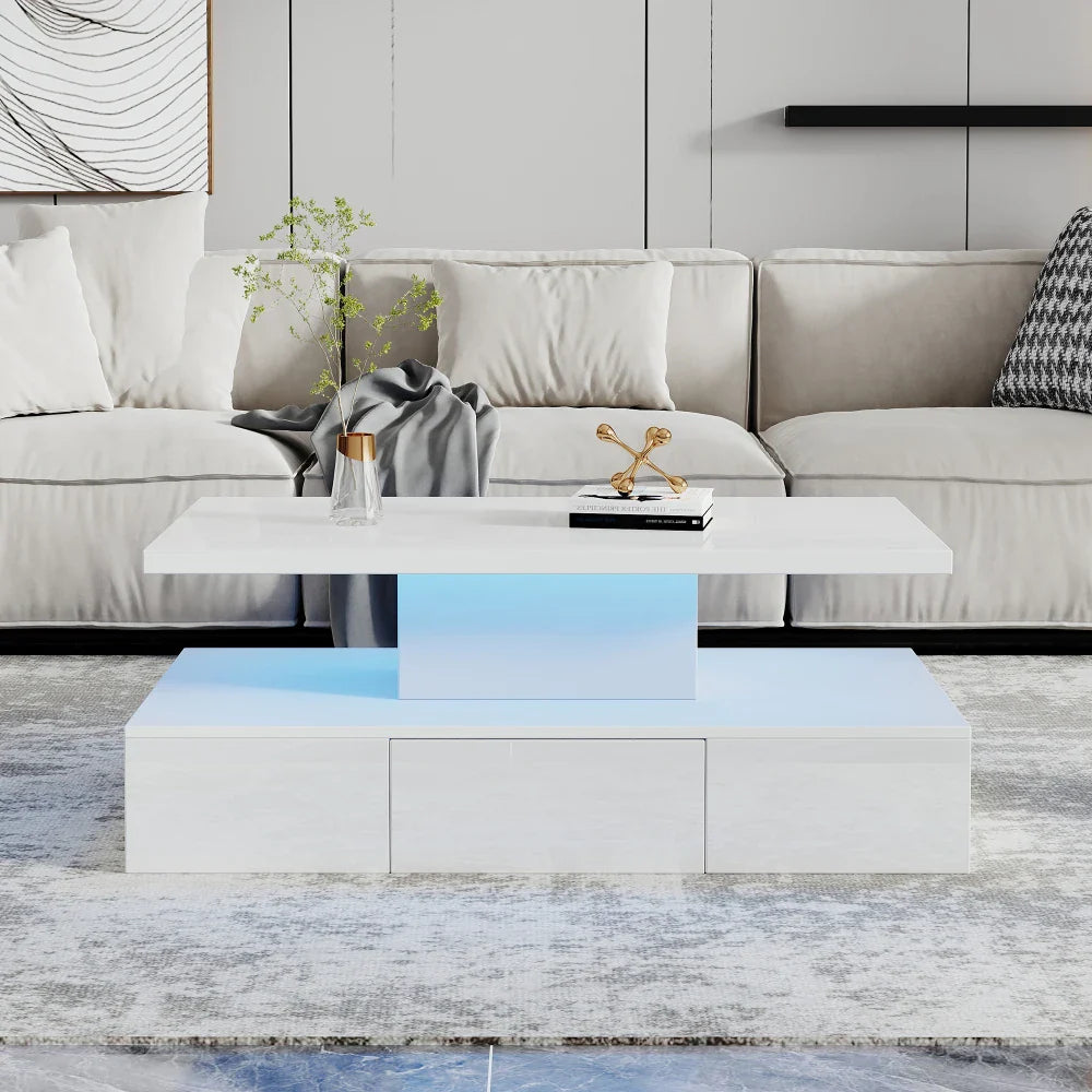 Table basse blanche et en bois rectangulaire avec LED et tiroir 100x50x39 cm